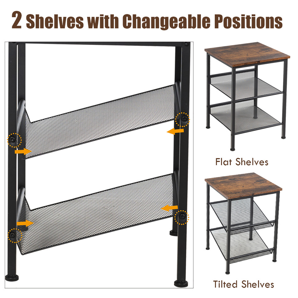 3-Tier Industrial End Table with Mesh Shelves and Adjustable Shelves product image