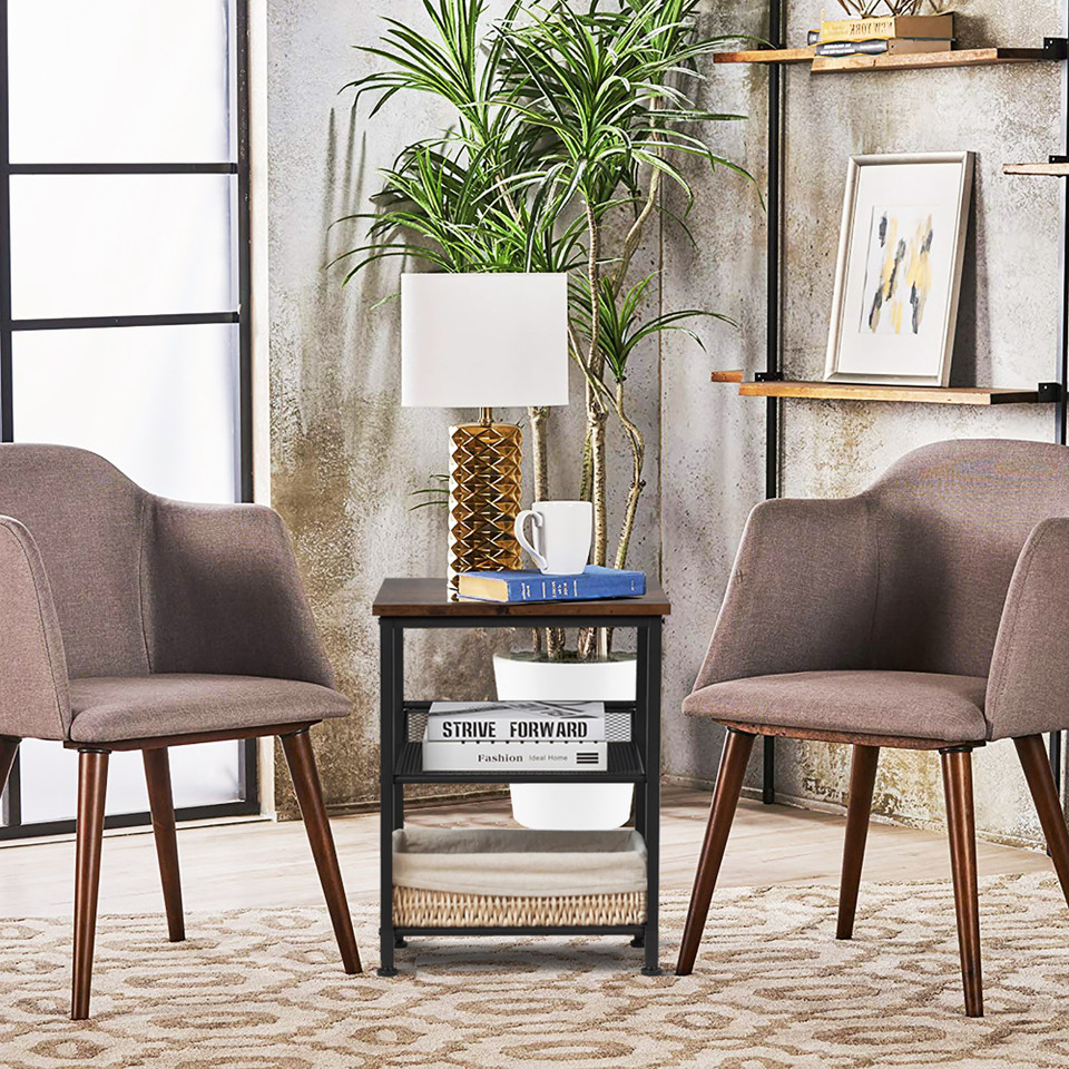 3-Tier Industrial End Table with Mesh Shelves and Adjustable Shelves product image