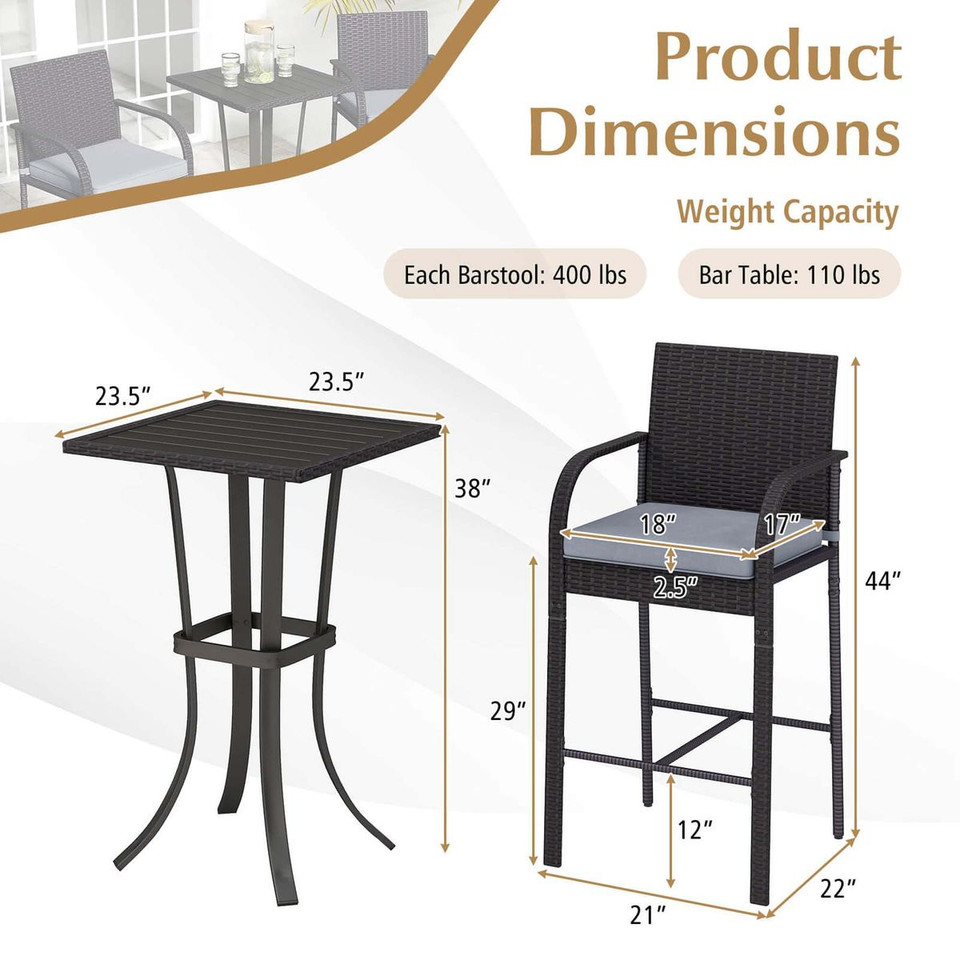 3-Piece Patio Wicker Bar Set with Rattan Chairs product image
