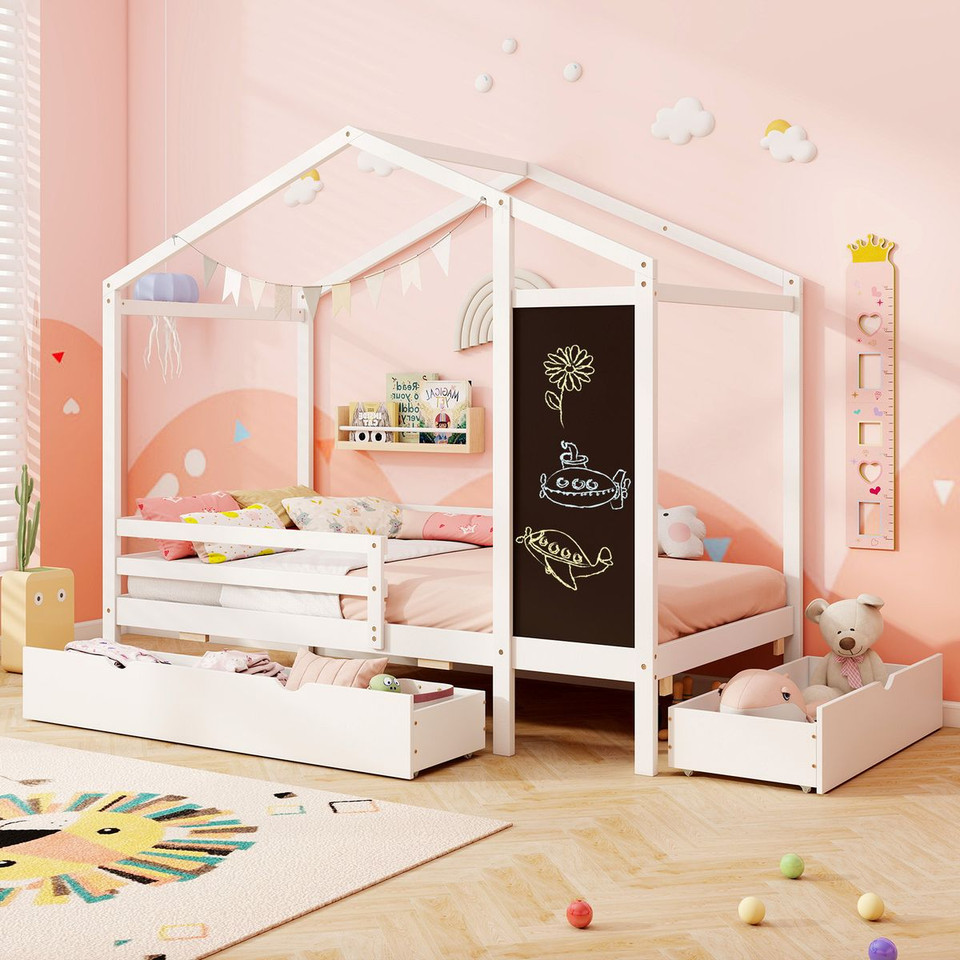 Kids' Twin Size Bed with 2 Drawers - Solid Wood Bed with Blackboard product image