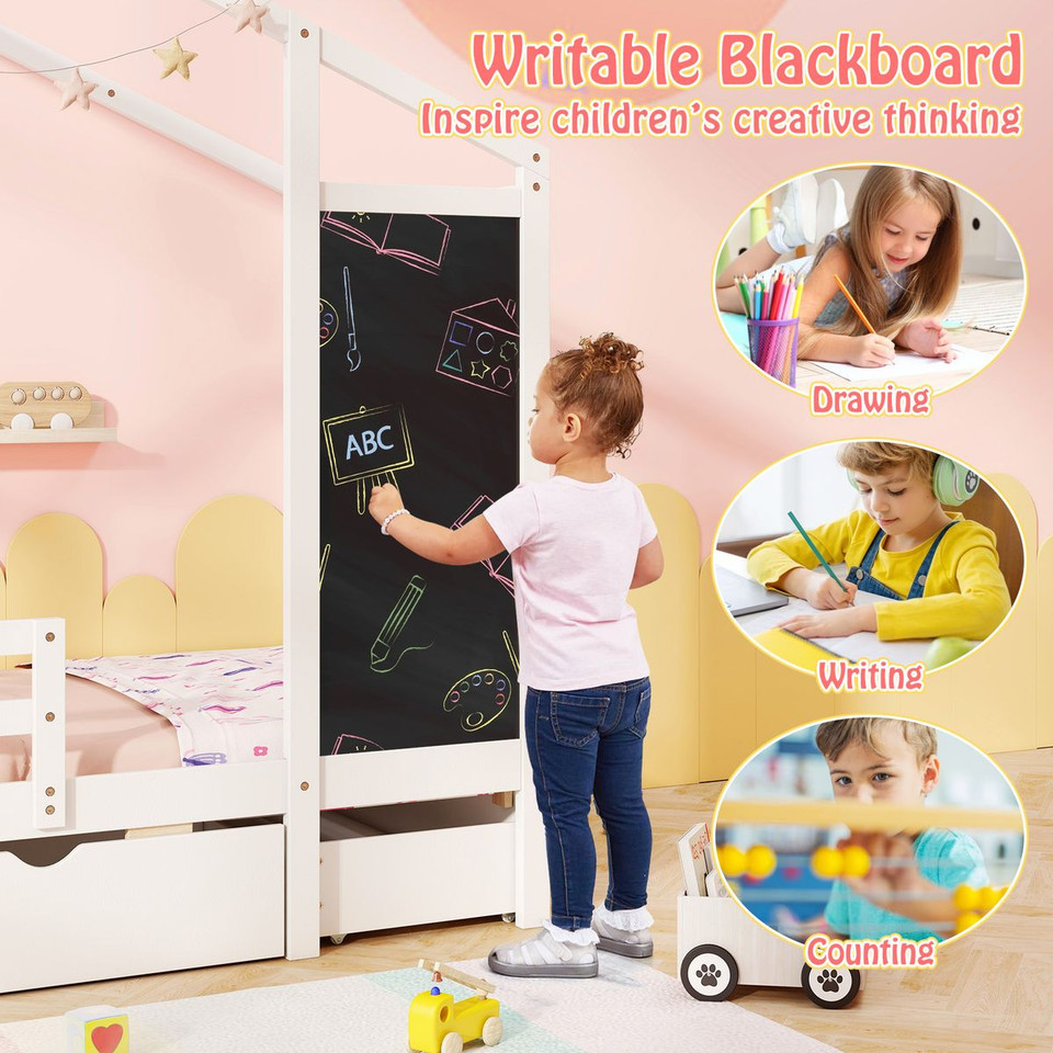 Kids' Twin Size Bed with 2 Drawers - Solid Wood Bed with Blackboard product image