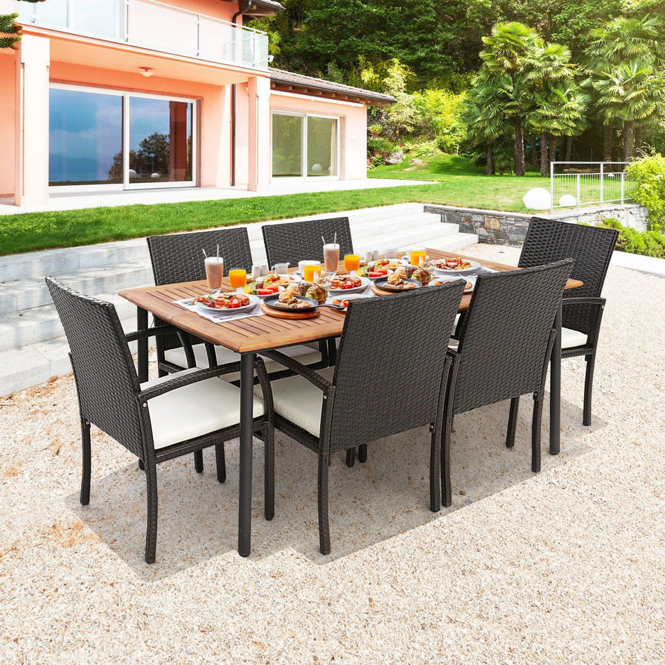 7-Piece Patio Wicker Dining Set with Acacia Wood Tabletop product image