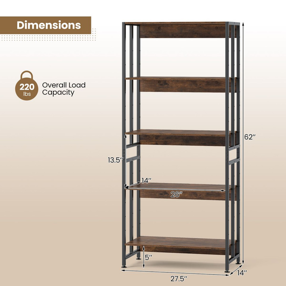 62" Tall 5-Tier Bookshelf with Tiltable Shelves product image