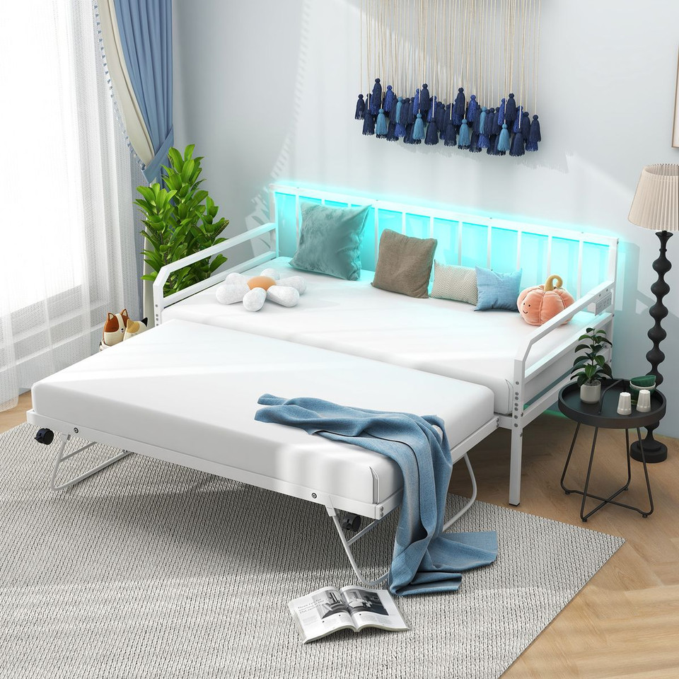 Twin Size Daybed with Pop-up Trundle, Charging Station and Built-In LED Lights product image