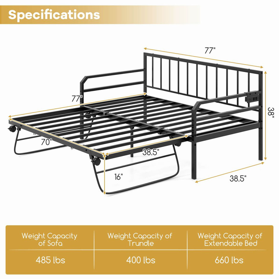 Twin Size Daybed with Pop-up Trundle, Charging Station and Built-In LED Lights product image