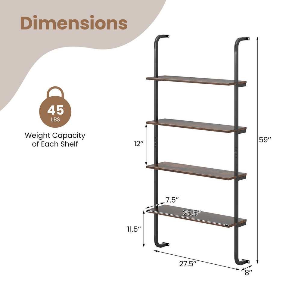 4-Tier Wall-Mounted Ladder Shelf with Heavy-Duty Metal Frame product image