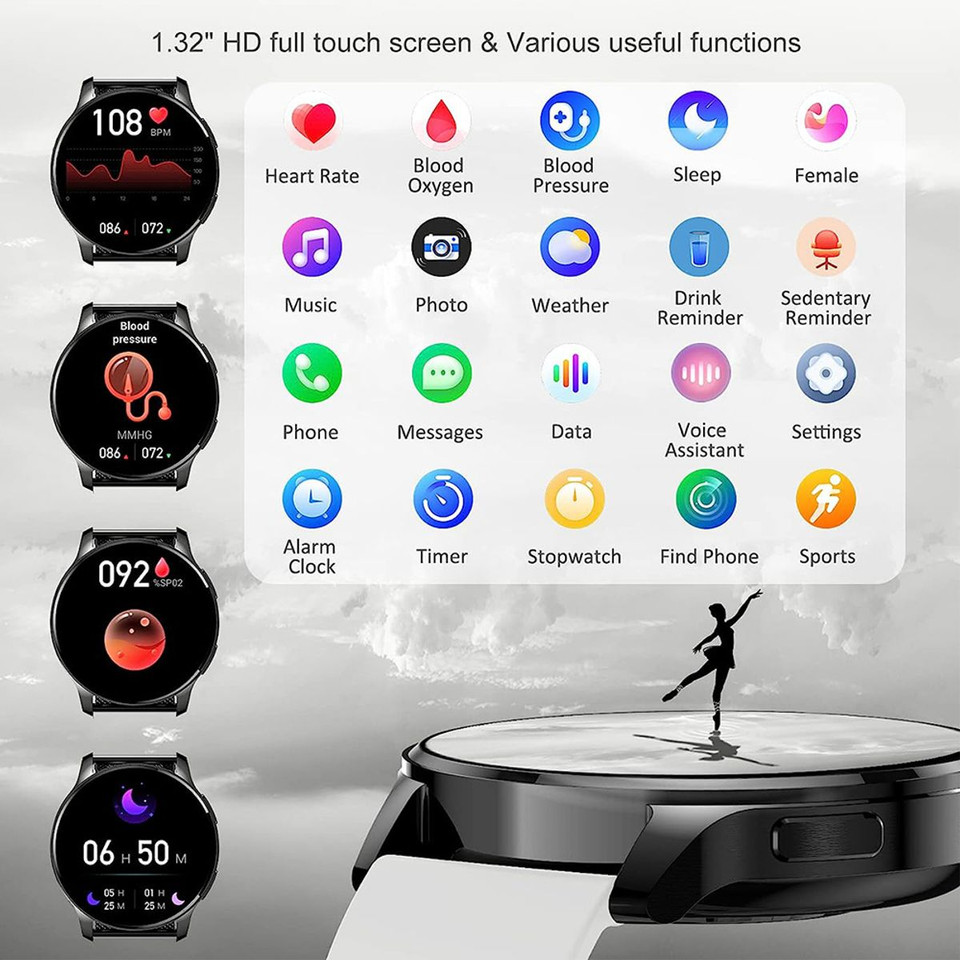 Smart Watch for Men Women (Answer/Make Call), Fitness Tracker for Android and iOS Phones, Waterproof Smartwatch with 1.32 Inch HD Touch Screen, Voice Control,Black product image