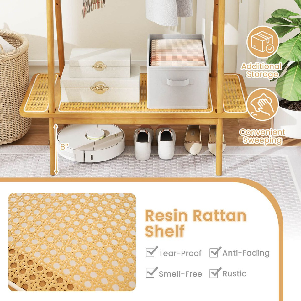 Bamboo Clothes Rack with Hanging Rod, Shelf, and Hooks product image