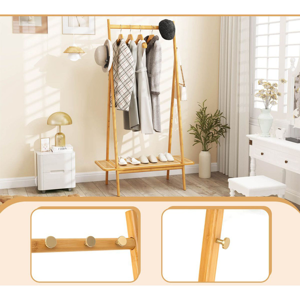 Bamboo Clothes Rack with Hanging Rod, Shelf, and Hooks product image