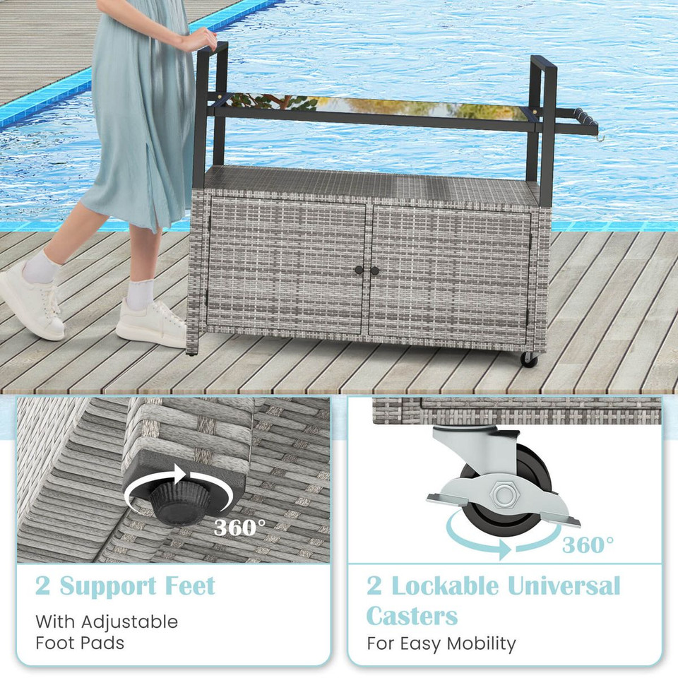 Outdoor Bar Wicker Buffet Serving Cart with Cabinet & 8 Hooks product image