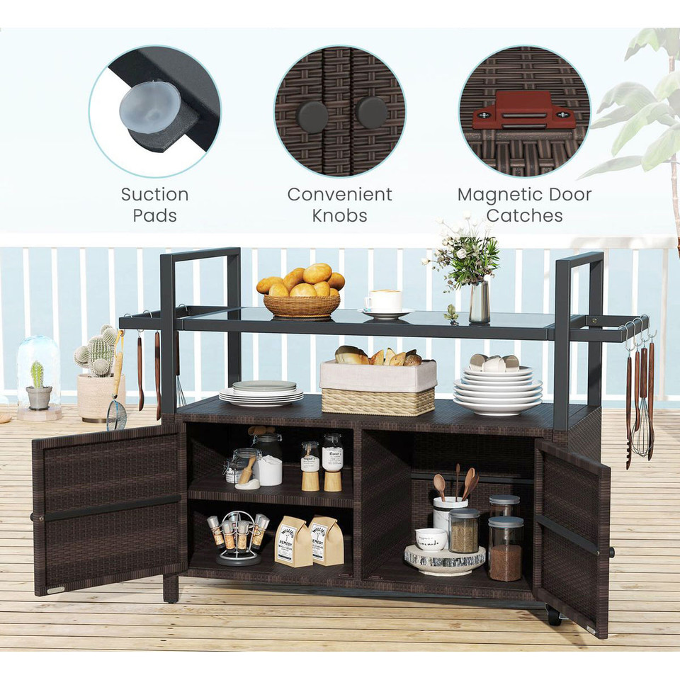 Outdoor Bar Wicker Buffet Serving Cart with Cabinet & 8 Hooks product image