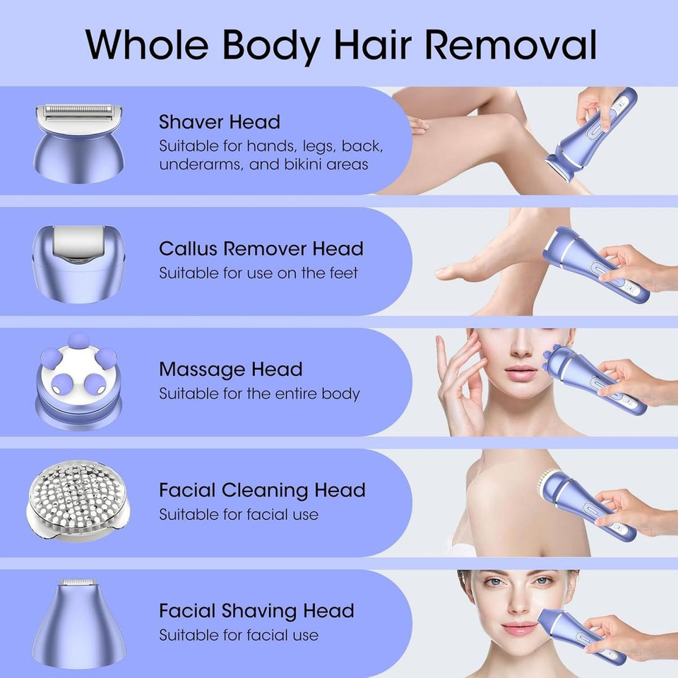 6 in 1 Epilator Hair Removal for Women, Shaver, Bikini, Face Razor, Facial Brush, Face Massage and Body Exfoliator, IPX6 Waterproof Lady Shaver Wet & Dry product image