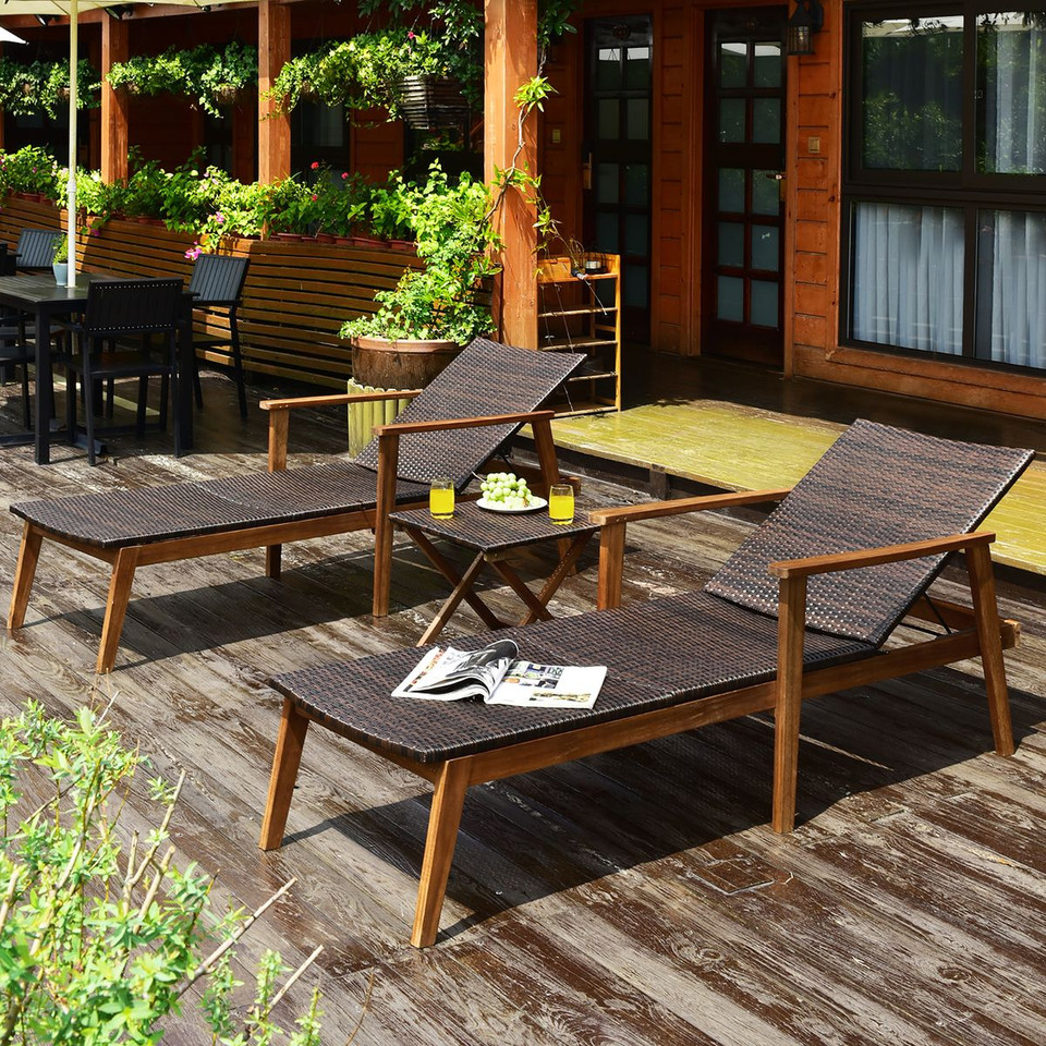 3-Piece Wooden Patio Rattan Chaise Lounge Chair Set  product image