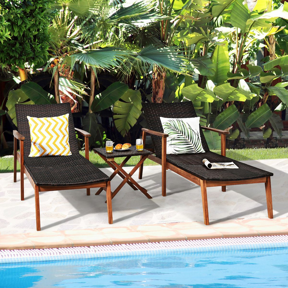 3-Piece Wooden Patio Rattan Chaise Lounge Chair Set  product image