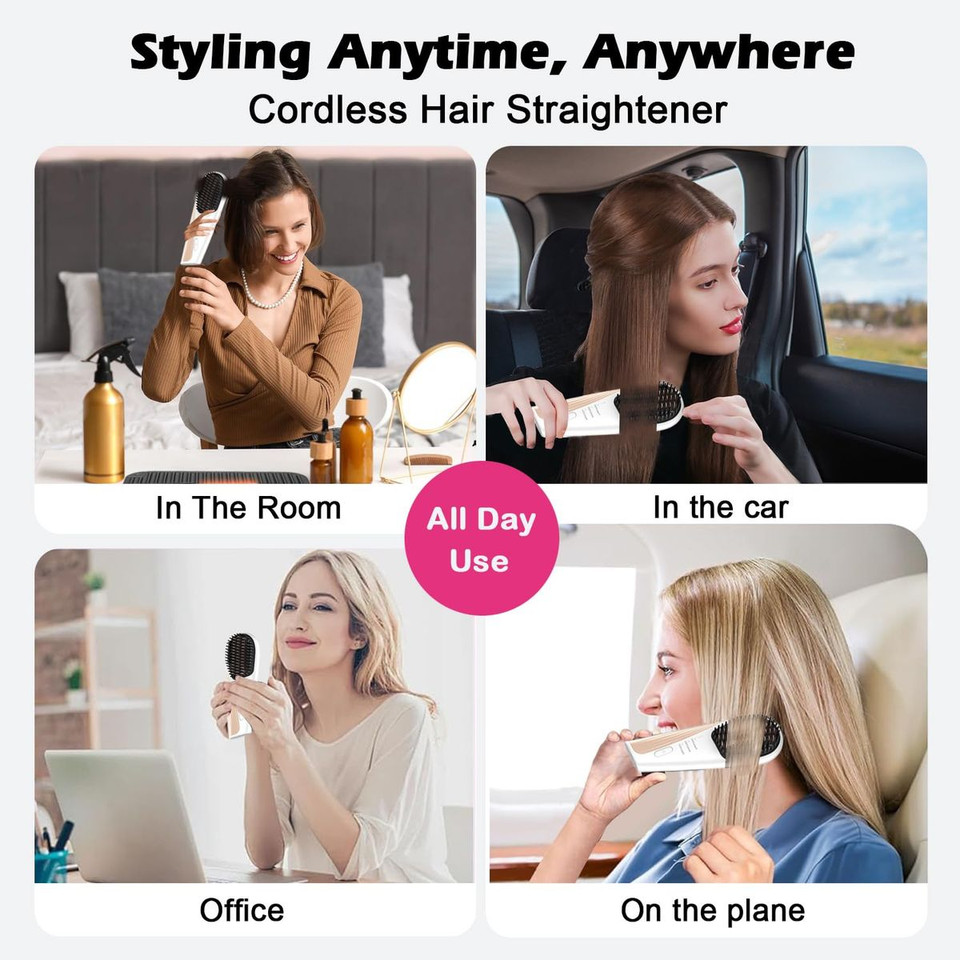 Cordless Portable Hair Straightener Brush for Travel USB-C Rechargeable Fast Heating Mini Hot Straightening Comb for Women(White) product image