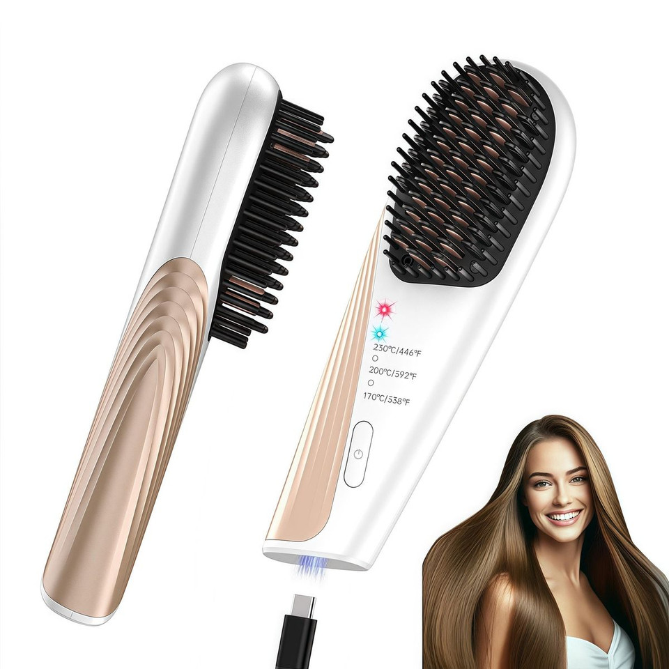 Cordless Portable Hair Straightener Brush for Travel USB-C Rechargeable Fast Heating Mini Hot Straightening Comb for Women(White) product image