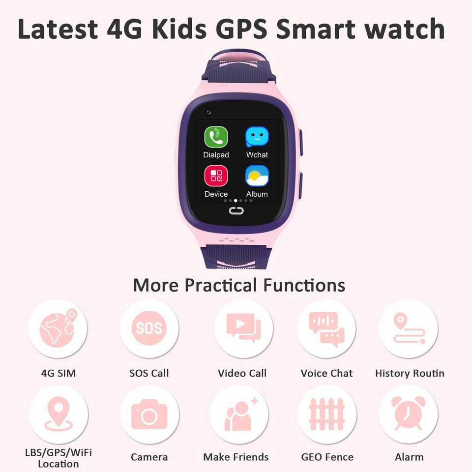4G Kids Smart Watches with GPS Tracker Video Calling One-Key SOS Call Voice Chat Camera Alarm Clock Touch Screen for Grils Gift(Pink) product image