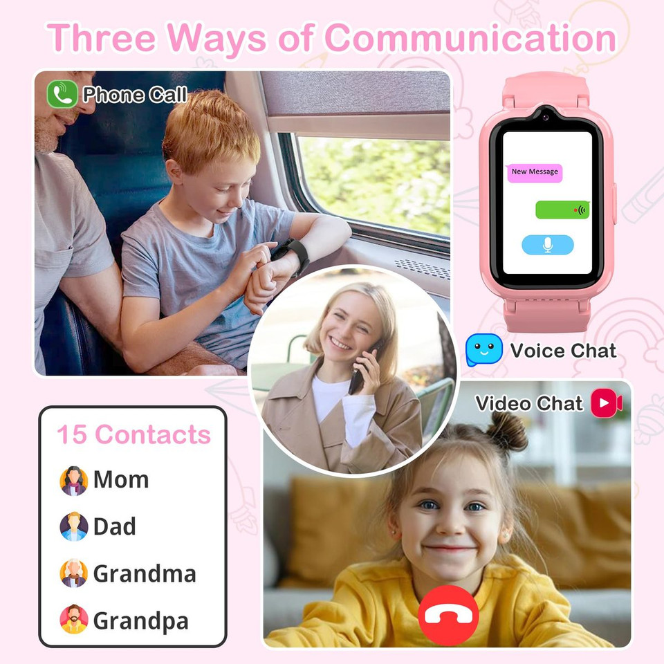 4G Smart Watch with GPS Tracker for Kids Age 5-12,Kids Cell Phone Watch with Video Call Voice Chat Alarm Clock SOS Camera Math Game-Pink product image