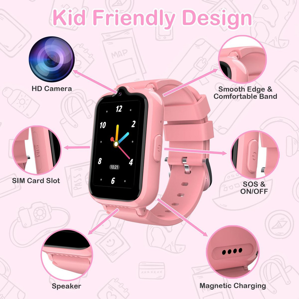 4G Smart Watch with GPS Tracker for Kids Age 5-12,Kids Cell Phone Watch with Video Call Voice Chat Alarm Clock SOS Camera Math Game-Pink product image