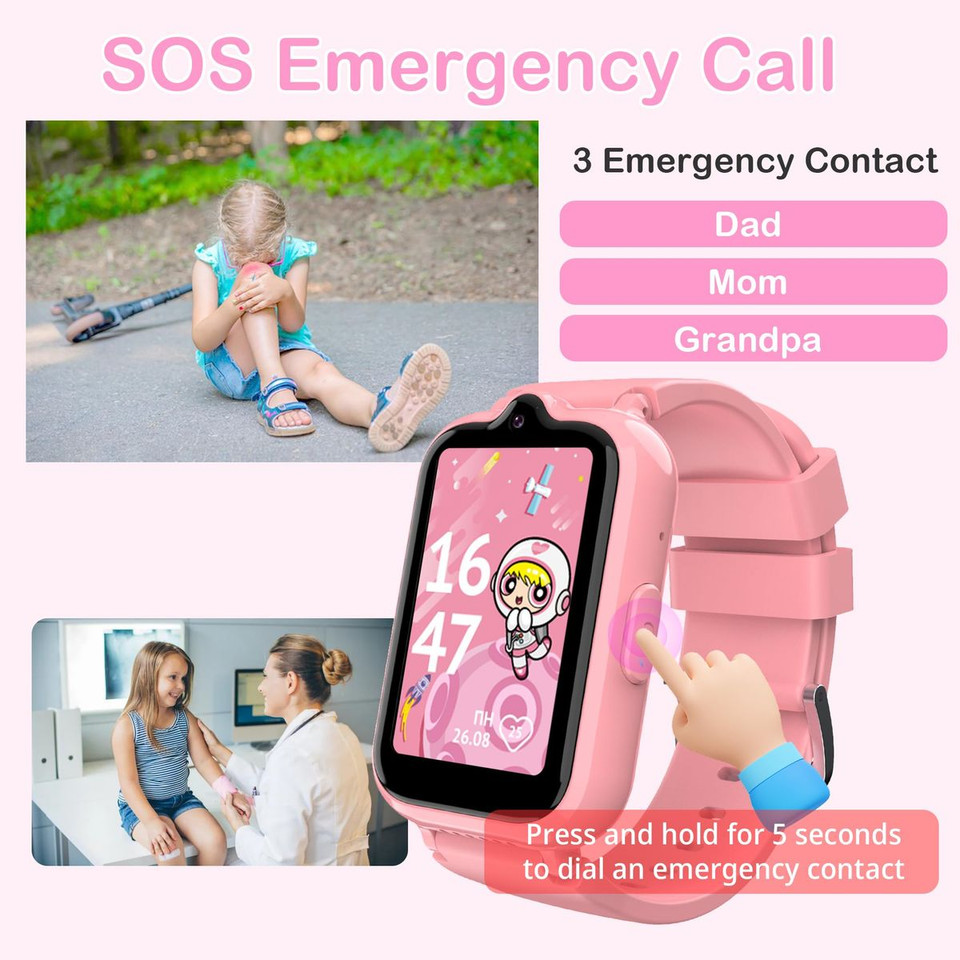 4G Smart Watch with GPS Tracker for Kids Age 5-12,Kids Cell Phone Watch with Video Call Voice Chat Alarm Clock SOS Camera Math Game-Pink product image