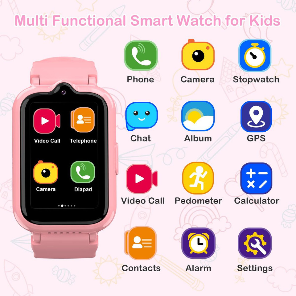 4G Smart Watch with GPS Tracker for Kids Age 5-12,Kids Cell Phone Watch with Video Call Voice Chat Alarm Clock SOS Camera Math Game-Pink product image