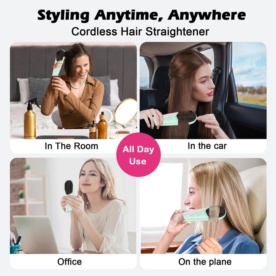 Cordless Portable Hair Straightener Brush for Travel USB-C Rechargeable Fast Heating Mini Hot Straightening Comb for Women(Green) product image