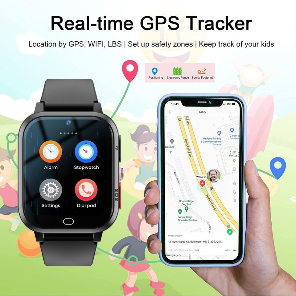 4G GPS Smart Watch for Kids Whatsapp Line Video Phone Call and Text Voice Chat SOS Alarm MessageCamera Anti-Lost Real-time Tracker(Black) product image