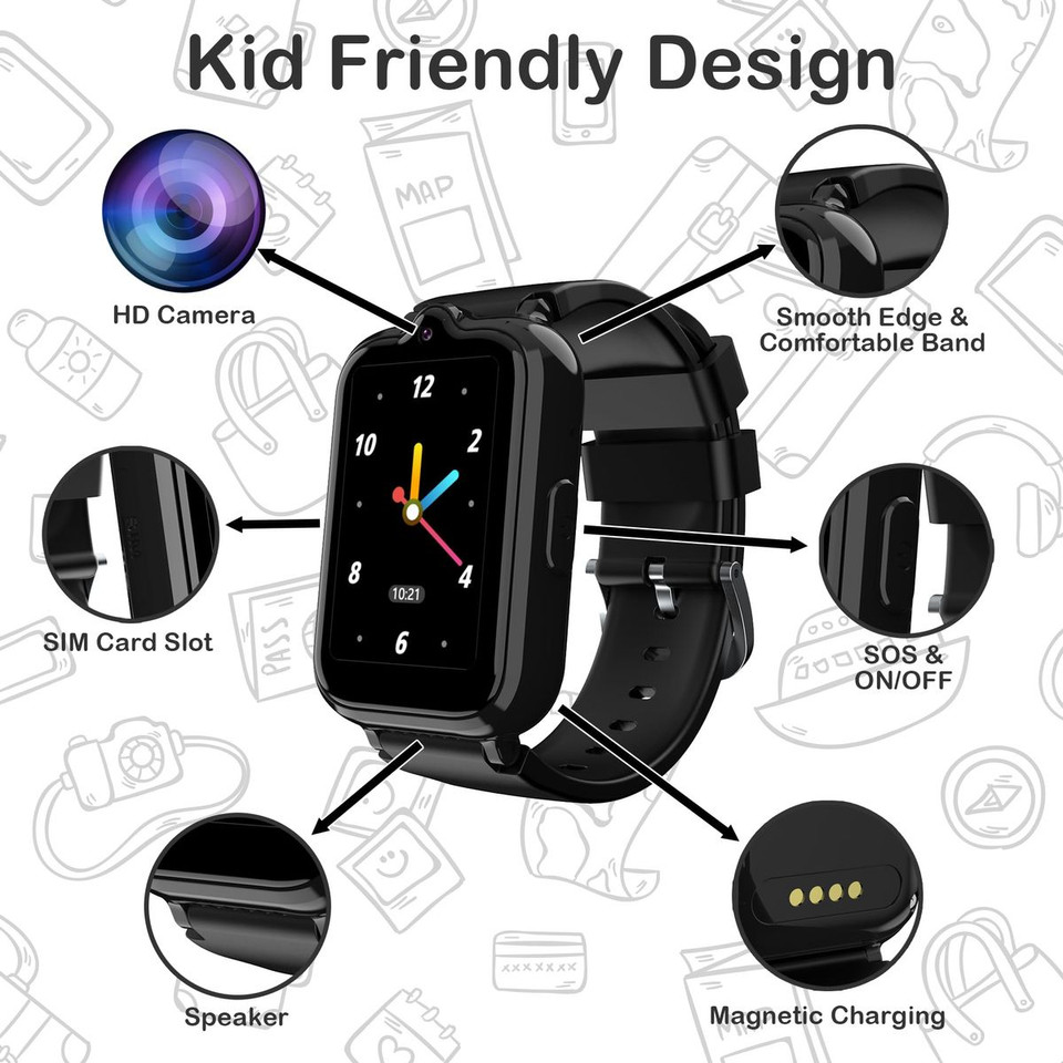 4G Smart Watch with GPS Tracker for Kids Age 5-12,Kids Cell Phone Watch with Video Call Voice Chat Alarm Clock SOS Camera Math Game-Black product image