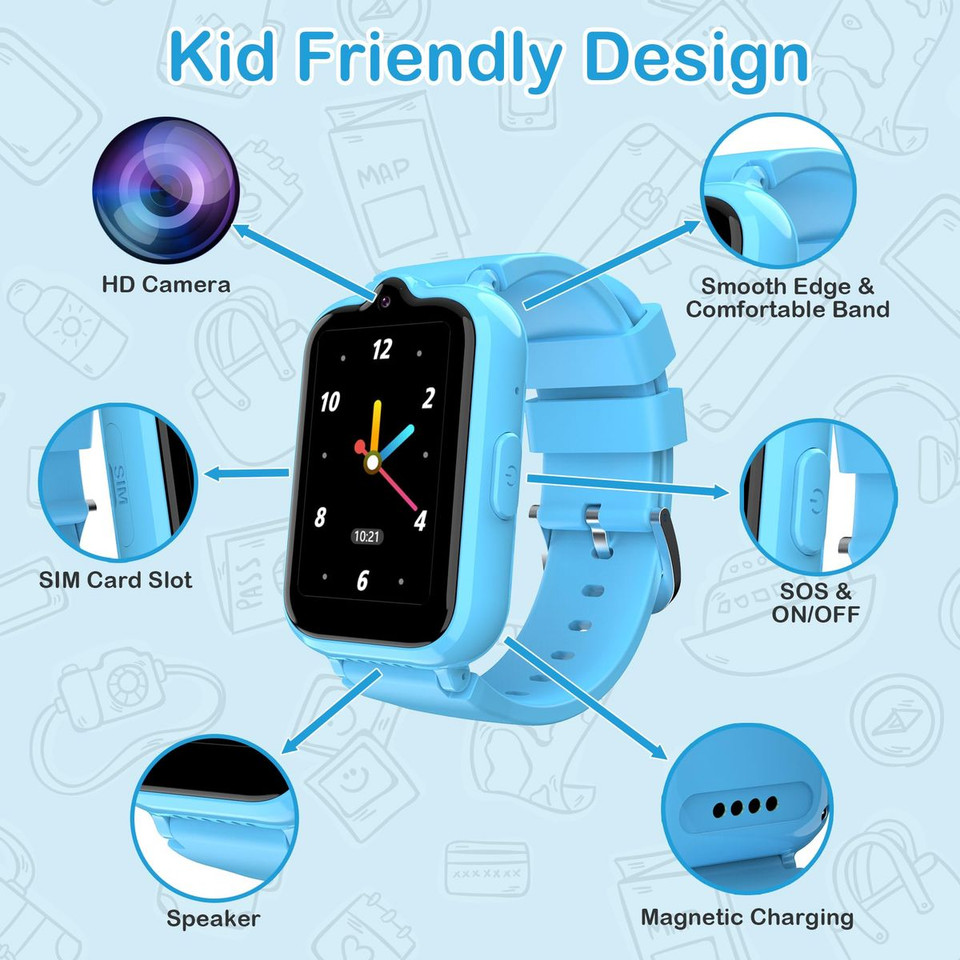 4G Smart Watch with GPS Tracker for Kids Age 5-12,Kids Cell Phone Watch with Video Call Voice Chat Alarm Clock SOS Camera Math Game-Blue product image