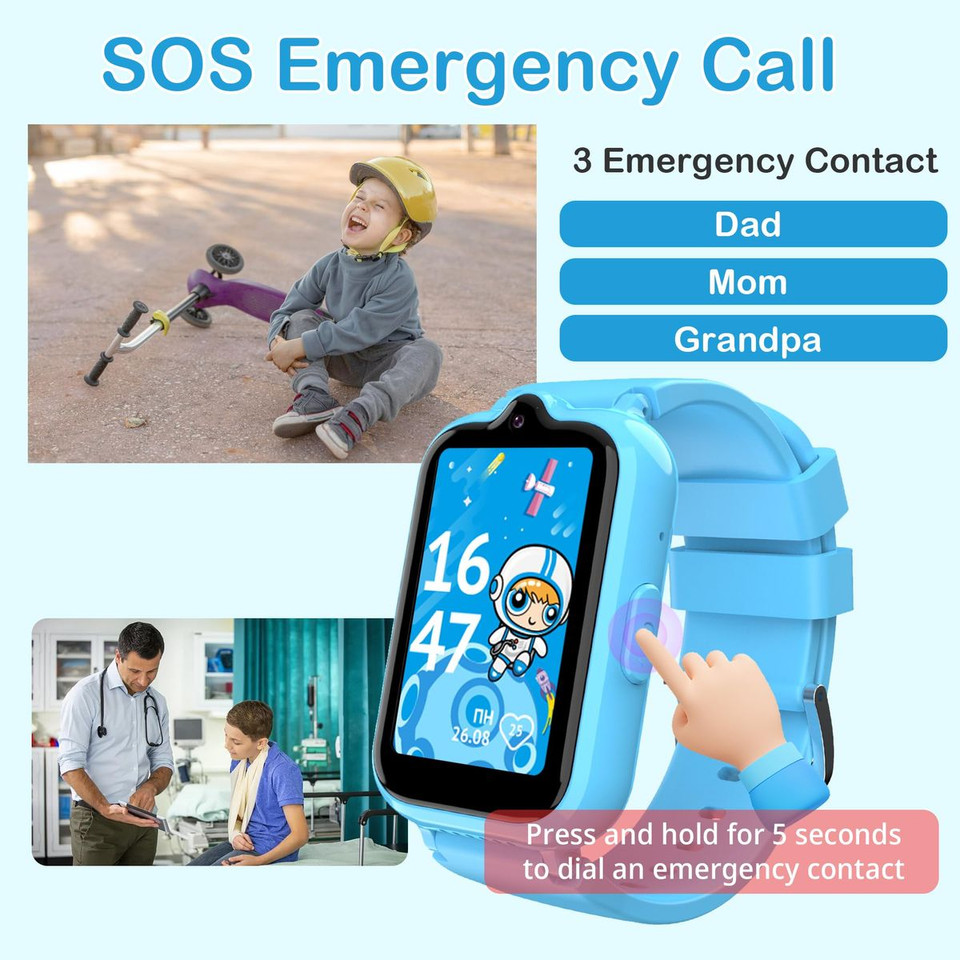 4G Smart Watch with GPS Tracker for Kids Age 5-12,Kids Cell Phone Watch with Video Call Voice Chat Alarm Clock SOS Camera Math Game-Blue product image