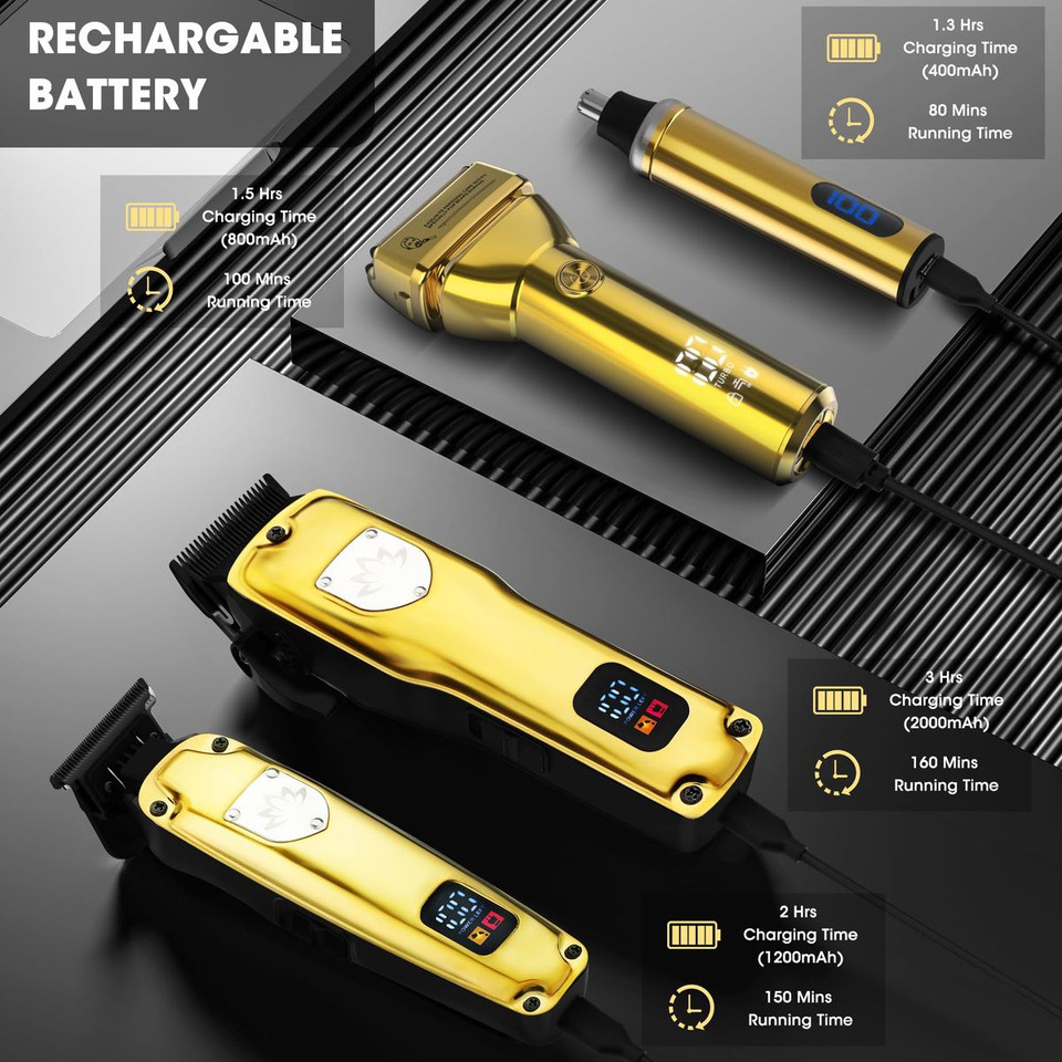Professional Cordless Hair Clippers Trimmer Grooming Set for Men T-Shaper Trimmer & Foil Shaver Nose & Ear Hair Trimmer with LED Display-Gold product image