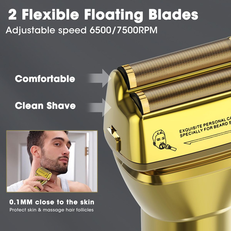 Professional Cordless Hair Clippers Trimmer Grooming Set for Men T-Shaper Trimmer & Foil Shaver Nose & Ear Hair Trimmer with LED Display-Gold product image