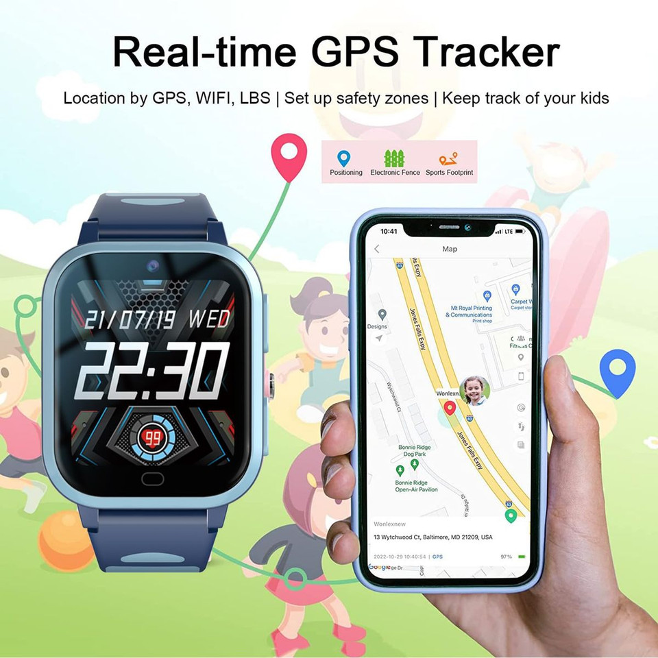 4G GPS Smart Watch for Kids Whatsapp Line Video Phone Call and Text Voice Chat SOS Alarm MessageCamera Anti-Lost Real-time Tracker(Blue) product image