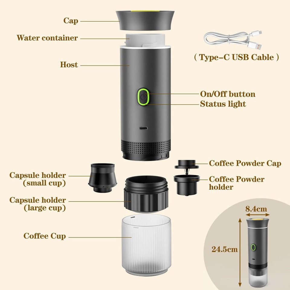 Portable Electric Espresso Mini Machine, Coffee Maker with Ground Coffee and NS Capsule for Machine,Perfect for Hiking,Camping,Office (Gray) product image