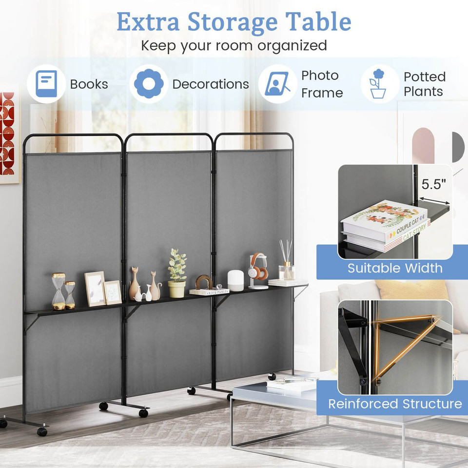3-Panel Folding Room Divider with 3 Metal Shelves (4 Colors) product image
