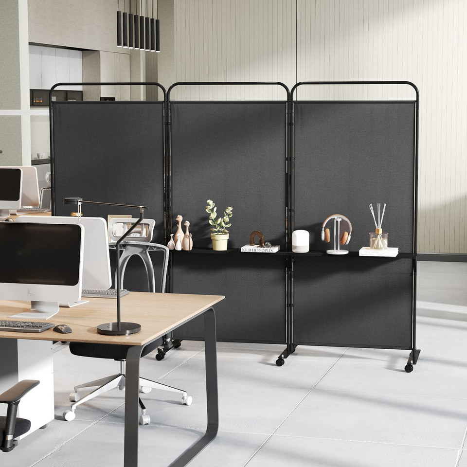 3-Panel Folding Room Divider with 3 Metal Shelves (4 Colors) product image