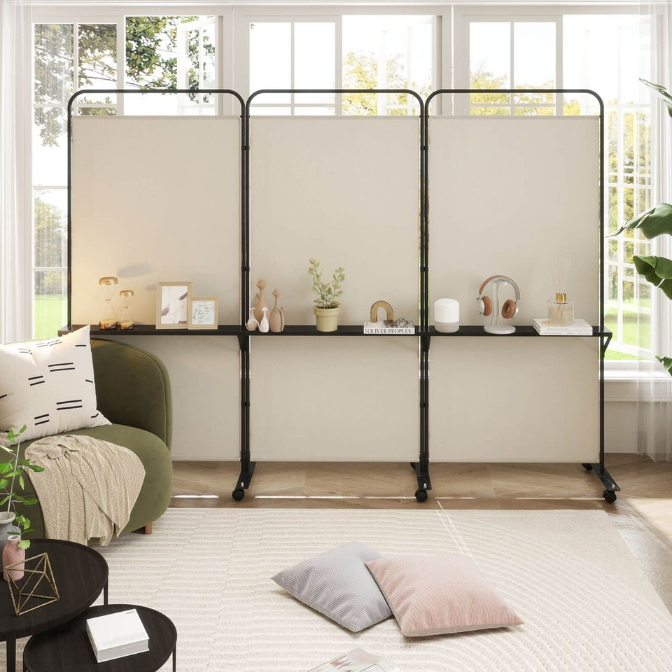 3-Panel Folding Room Divider with 3 Metal Shelves (4 Colors) product image