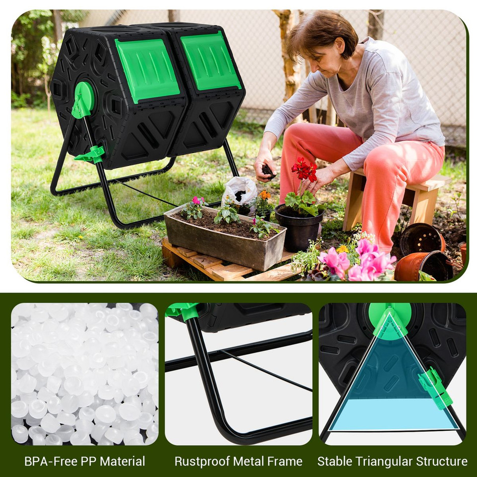 Dual Chamber Garden Compost Tumbler with Sliding Doors product image