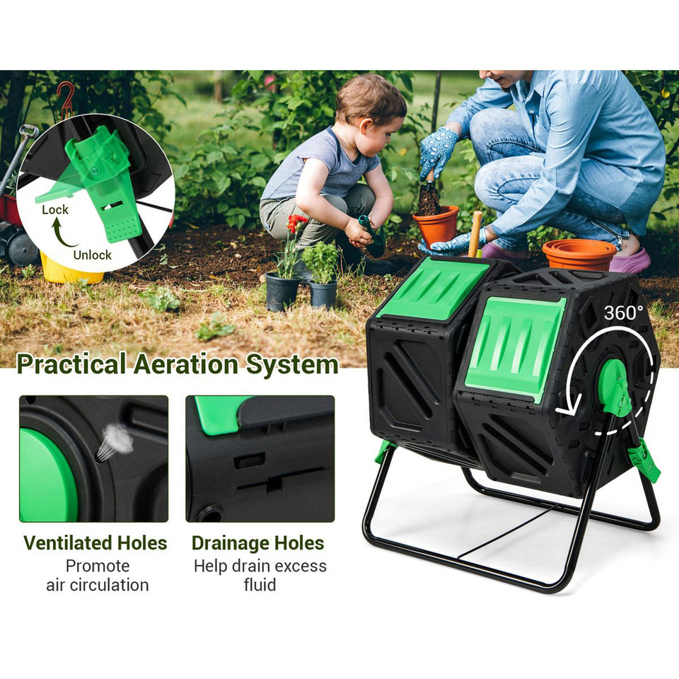 Dual Chamber Garden Compost Tumbler with Sliding Doors product image