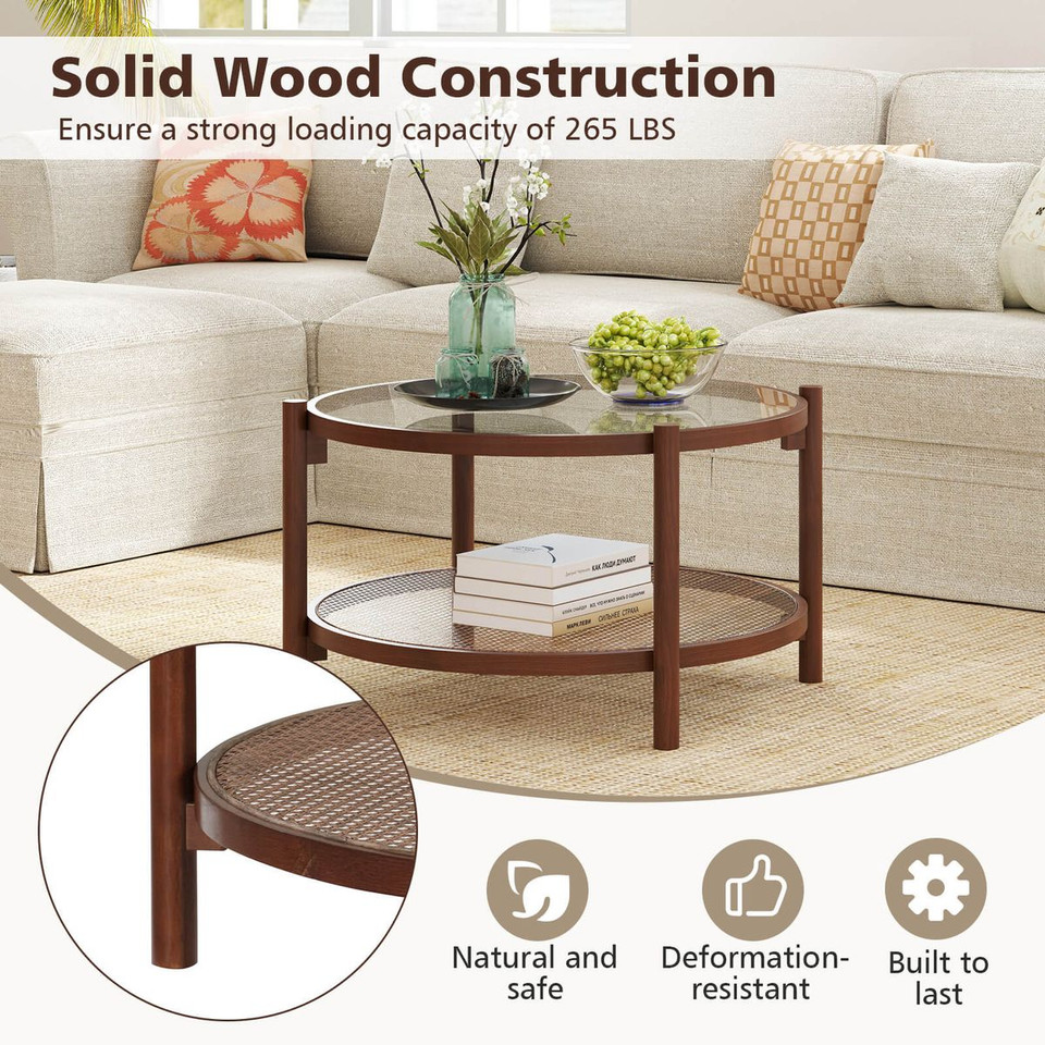 31" Wooden Round Coffee Table with Tempered Glass Top  product image