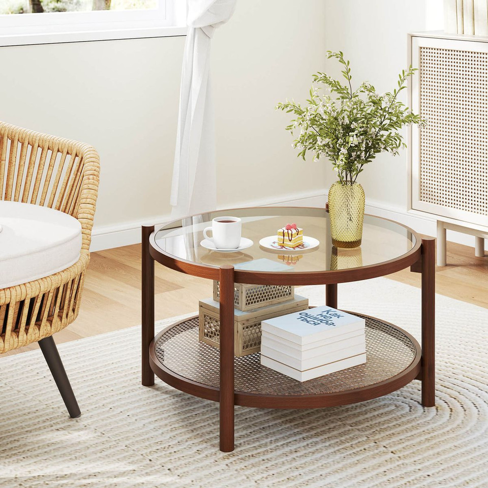 31" Wooden Round Coffee Table with Tempered Glass Top  product image