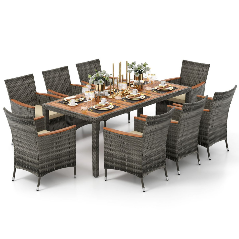 9-Piece Outdoor Wicker Dining Set with Acacia Wood Table product image