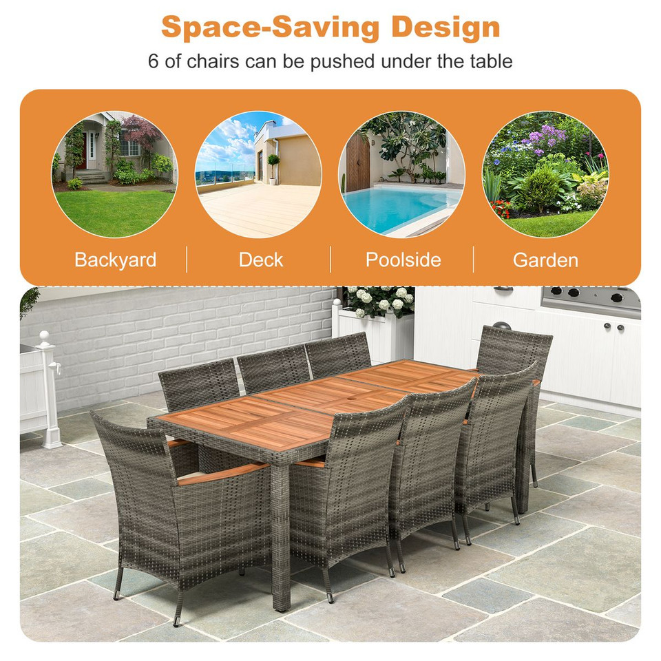 9-Piece Outdoor Wicker Dining Set with Acacia Wood Table product image