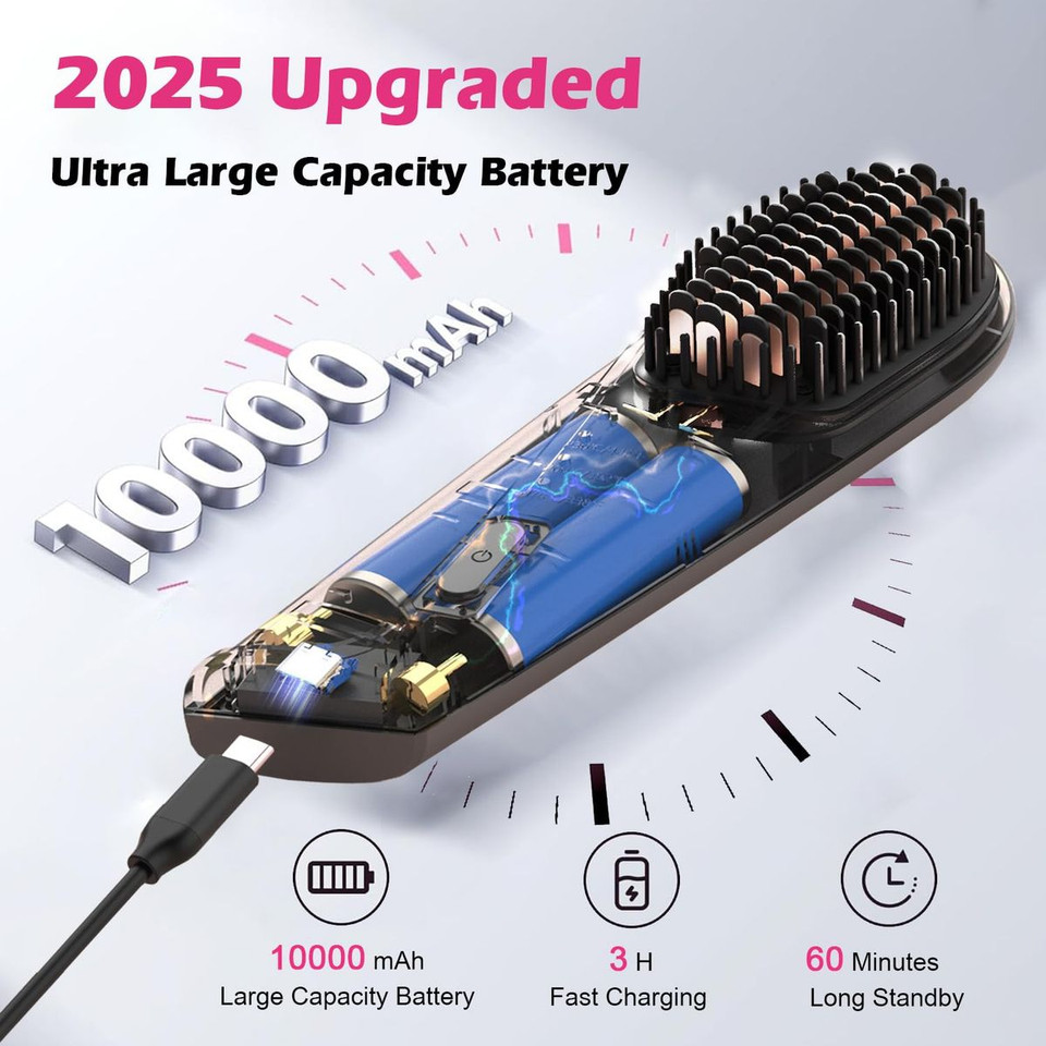 Cordless Portable Hair Straightener Brush for Travel USB-C Rechargeable Fast Heating Mini Hot Straightening Comb for Women(Black) product image