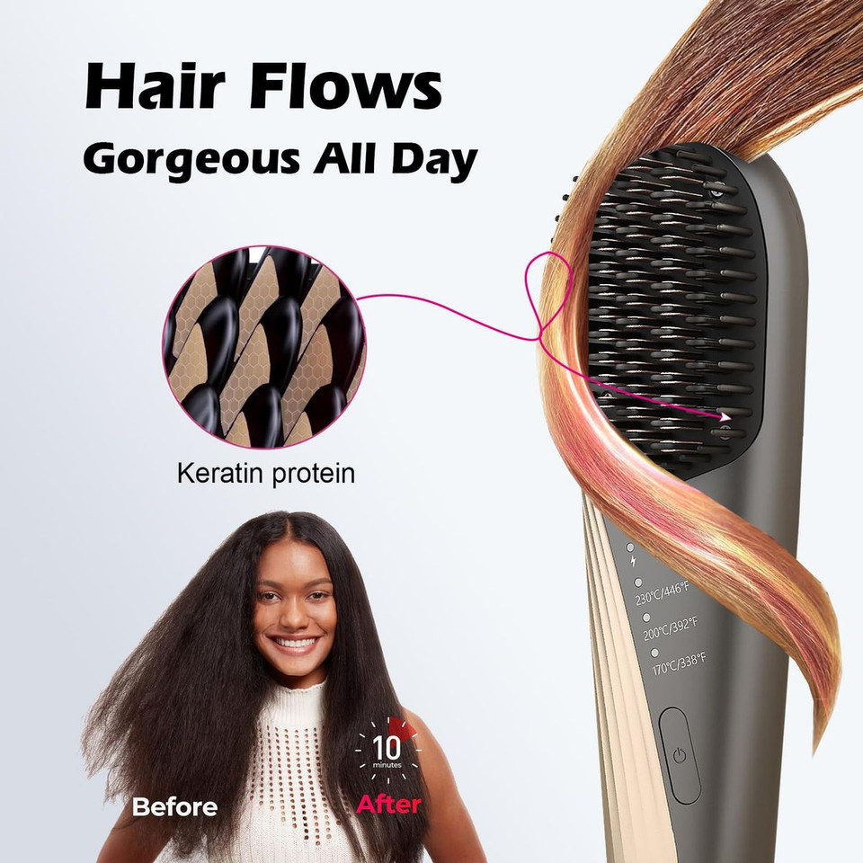 Cordless Portable Hair Straightener Brush for Travel USB-C Rechargeable Fast Heating Mini Hot Straightening Comb for Women(Black) product image