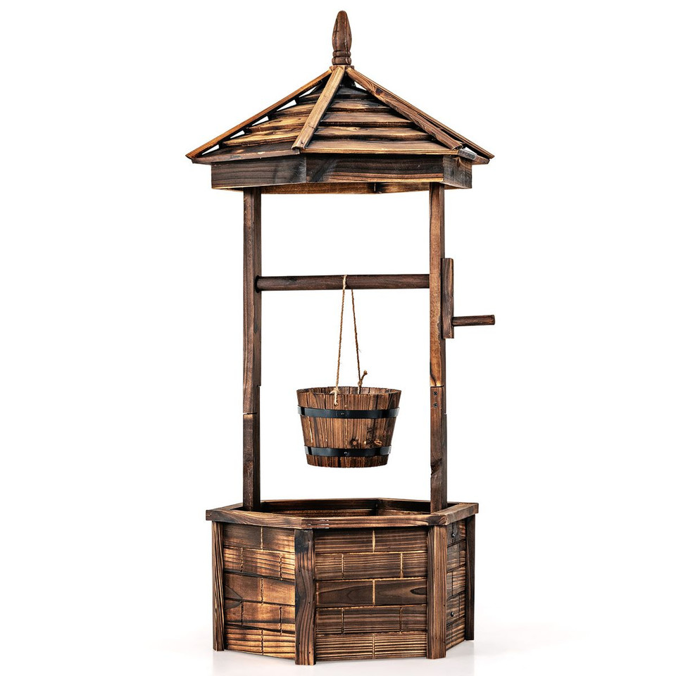 Rustic Wooden Wishing Well with Adjustable Hanging Bucket product image