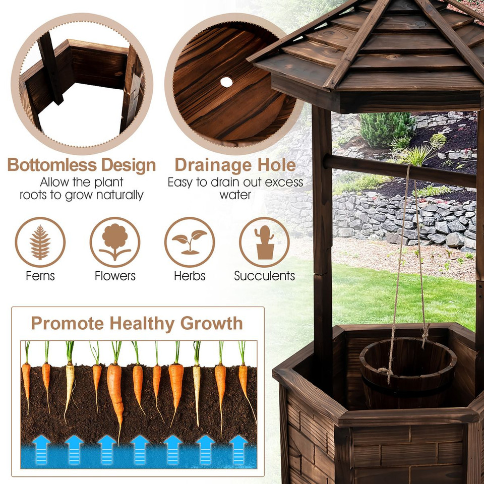 Rustic Wooden Wishing Well with Adjustable Hanging Bucket product image