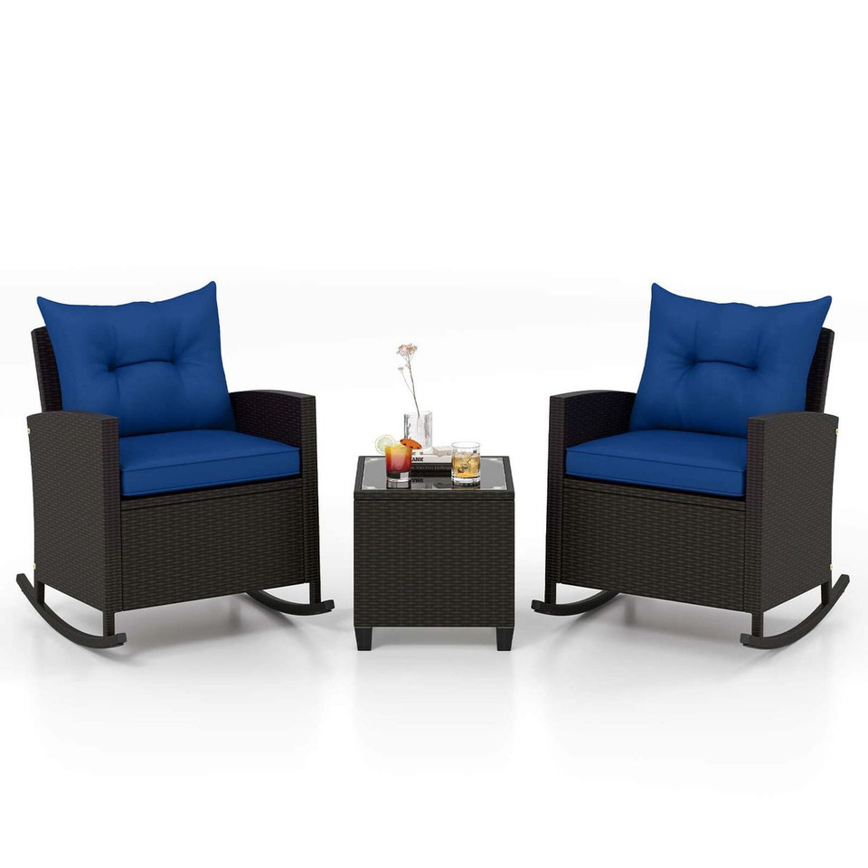 3-Piece Patio Rattan Rocking Chair Set with Tempered Glass Table & Soft Cushions product image