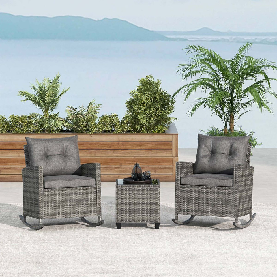 3-Piece Patio Rattan Rocking Chair Set with Tempered Glass Table & Soft Cushions product image