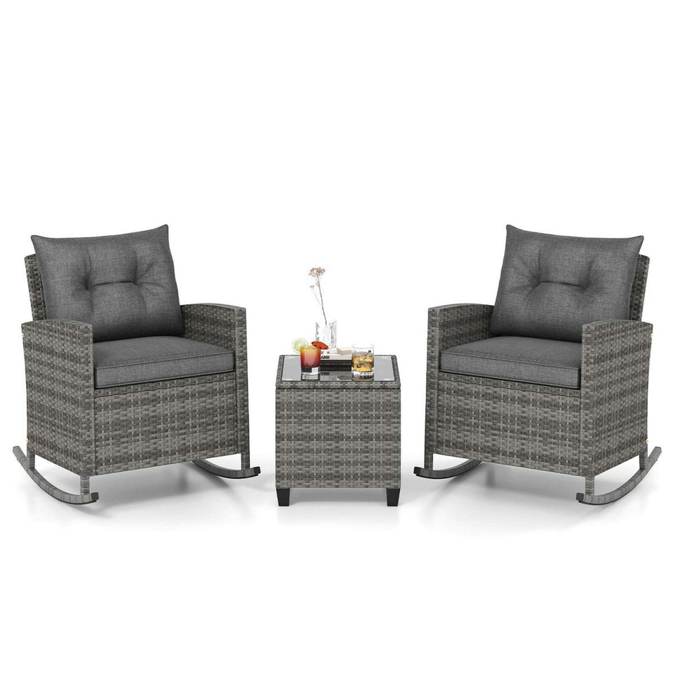 3-Piece Patio Rattan Rocking Chair Set with Tempered Glass Table & Soft Cushions product image